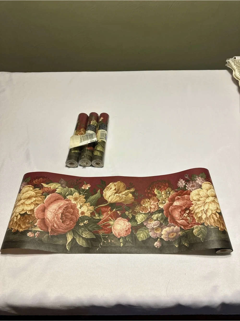 Village Burgundy and Floral Wallpaper Rolls.  4 of them